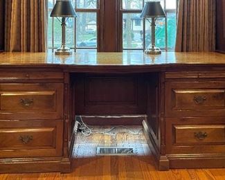Hand-Carved Walnut Desk With Burled Oak Writing Surface. Custom-Made by Hammer Designs. Measures 89.75" W x 36" D x 30" H. Photo 1 of 5. 