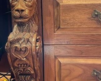 Hand-Carved Walnut Desk With Burled Oak Writing Surface. Custom-Made by Hammer Designs. Measures 89.75" W x 36" D x 30" H. Photo 4 of 5.