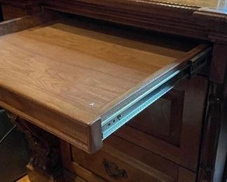 Hand-Carved Walnut Desk With Burled Oak Writing Surface. Custom-Made by Hammer Designs. Measures 89.75" W x 36" D x 30" H. Photo 2 of 5.