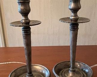 Pair of Pewter Candlesticks Turned Lamps. Each Measures 27" H. Photo 1 of 2. 