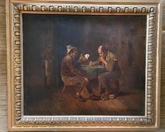Oil Painting of Men Playing Cards. Signed by Artist. Measures 16" x 20" without Frame. Photo 1 of 3.