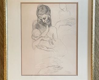 Pablo Picasso, "Mother Holding A Child," Black Crayon on Cream Paper. From The Collection of Meta & Paul J. Sachs. Measures 10.25" x 13" Unframed; 17" x 21" Framed. Photo 1 of 3. 