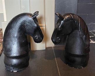 Pair of Ebonized Cast Iron Horse Head Hitching Post Toppers. 