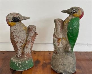 Pair of Vintage Painted Cast Stone Woodpeckers. 