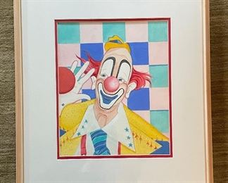 Clown Watercolor. Measures 9.5" x 11" Unframed; 17" x 19" Framed. 
