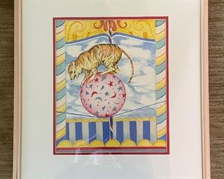 Circus Tiger Watercolor. Measures 9.5" x 11" Unframed; 17" x 19" Framed. 