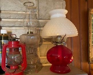 Vintage Lanterns and Red Glass Kerosene Lamp with Hobnail Milk Glass Shade