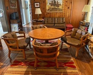 Vintage Woodbriar by Drexel Round Wood Game Table with 4 Arm Chairs with Castors. Drexel