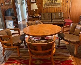 Vintage Woodbriar by Drexel Round Wood Game Table with 4 Arm Chairs with Castors. Drexel