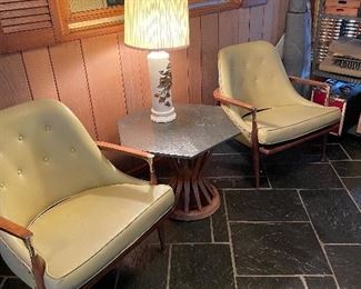 Pair of Danish Mid Century Modern Lounge Arm Chairs and Sheaf of Wheat Side Table 