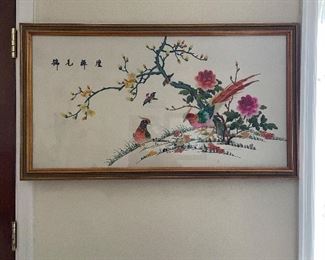 Embroidery Asian Art Birds on Branch Flowers Chinese Letters Framed Wall Art
