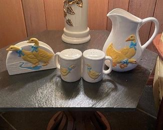 Vintage Ceramic Duck Pitcher, Salt & Pepper Shakers and Napkin Holder