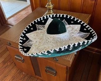 Mexican Sombrero Gonzalex Hat Velvet Green/White with  Silver Detail