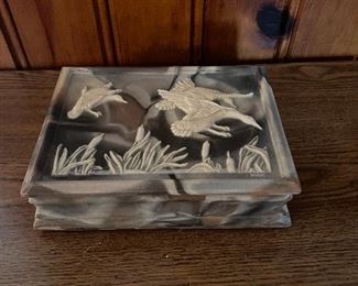 Vintage Genuine Incolay Stone Jewelry Box. Handcrafted. Geese
