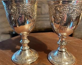 Vintage Grape Vine Motif Silver Plated Wine Goblets 