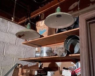 Vintage Green Enamel Ceiling Light Shade Pendant Porcelain Industrial Farmhouse - Quantity: 2