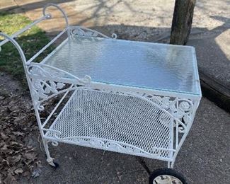 Vintage  Woodard Style Wrought Iron Patio Serving Cart with wheels
