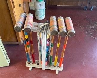 Vintage Croquet Set with Stand - 6 Player Made in the USA Lawn Yard Gam6 - One Stick Missing