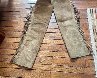 Vintage Brown Leather / Suede Western Cowboy Ranch Riding Fringe Chaps Buckle 