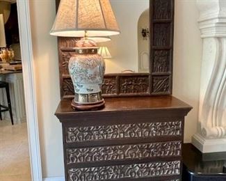 Carved Dancers Drawer Cabinet $695    Carved Mirror $250