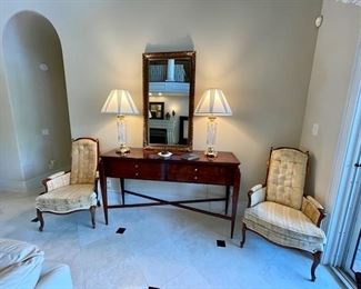 Hickory White Console Table, Gilliam Chairs, Mirror, Waterford Crystal Lamps