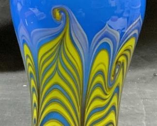 VANDERMARK Blue/Green Art Glass Feather Pull Vase
