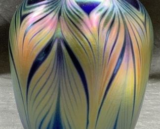Signed Iridescent Feather Pull Art Glass Vase
