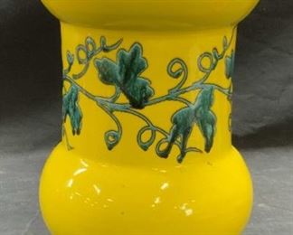 Yellow Pottery Vase with Grapevine Motif
