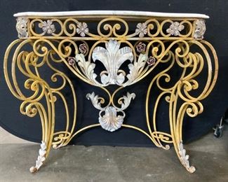 Vntg Louis XV Marble Top Iron Console Table
