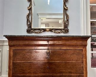 Antique English Five Drawer Chest with Marble Top and hidden bottom drawer