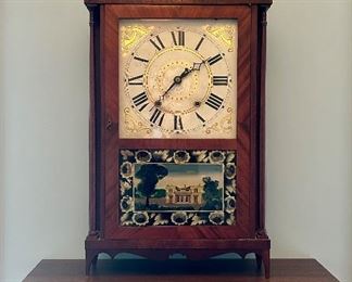 Antique 1830 Riley Whiting Shelf Clock, Winchester, CT, brass finials and reverse painting on glass.