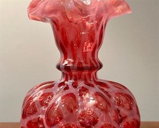 Vintage Fenton Cranberry Pink Pinch Ruffle Top With Bulbous Melon Shape Ribbed Bottom Glass Vase 