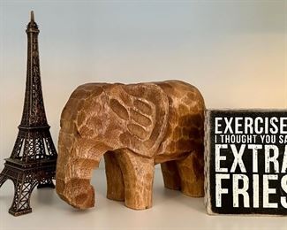 Eiffel Tower, Carved Elephant, Whimsical Sign