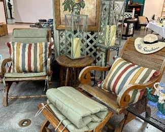 4 piece Teakwood patio chairs table and one foot stool 