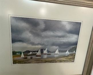 Original Watercolor of a Harbor by HL Robertson, 2000