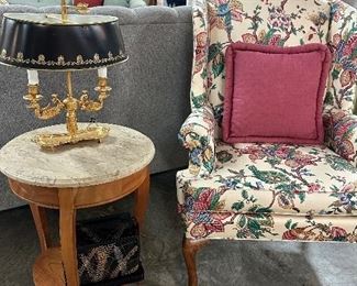 Floral Queen Anne Armchair by Sherrill, Round Side Table with Marble Top, Gilded Bouillotte Lamp