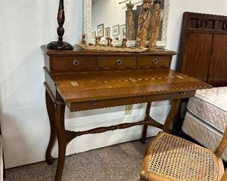 Antique Writing Table, Caned Seat Chair