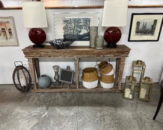 Rustic Sofa/Accent Table with bottom shelf, Matching Glass Table Lamps, Wall Decor, Woven Baskets, Lantern Style Votive Holders, Miscellaneous Decor