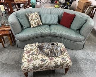 Mahogany Bench/Stool/Ottoman with Floral Upholstery, Beacon Hill Curved Sofa (needs some cleaning)