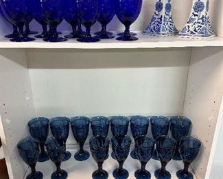 Vintage Cobalt Glasses, Pair of Blue and White Candle Sticks