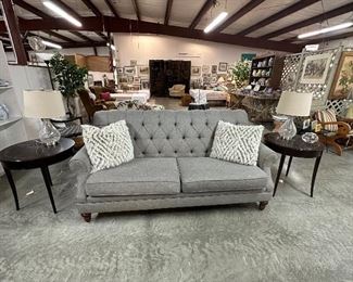 Another Wide View of the Showroom, Gray Tufted Sofa, Matching Art Deco Side Tables, Pair of Clear Glass Table Lamps