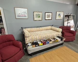 Iron Daybed with Trundle, Designer Shoes, Pair of Burgundy Swivel Chairs