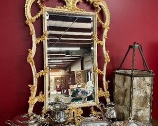 Ornate Painted/Gilded Wall Mirror, Silver Plate Serving Dishes, Vintage Hanging Lamp