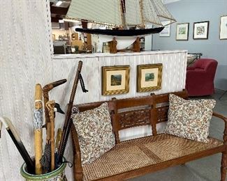 Wooden Entry Bench with Caned Seat, Italian Umbrella Stand, Decorative Sail Boat
