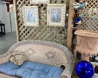 Wicker Bench, Gazing Ball, Terra Cotta Plant Pedestal, Wall Art, Hanging Fish Decor