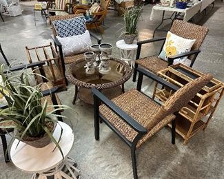 Set of 4 Wicker/Metal Chairs (Two sets available), Wicker Round Coffee Table, Metal Outdoor Tables