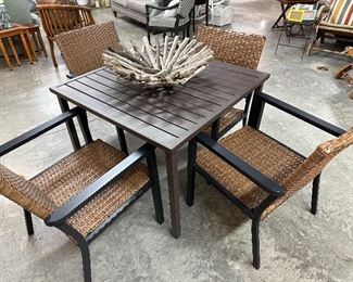 Set of 4 Wicker/Metal Chairs, Decorative Driftwood Bowl, Brown Metal Table