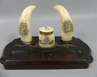 Scrimshaw whale tooth inkstand