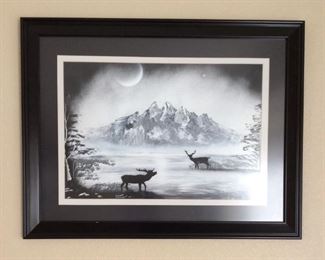 Black and White Print of Deer in the Wilderness