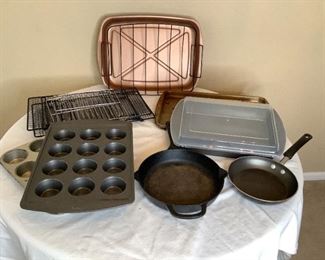 Our Table Cast Iron Pan, assorted cake pans and cookie sheets